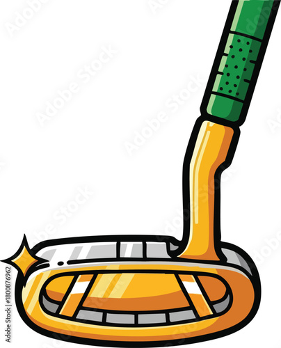 Golden Golf Putter With Green Grip And White Background