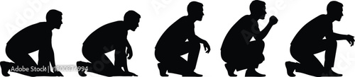 Set of man silhouettes in various crouching and kneeling poses, person squatting, man thinking, isolated vector illustration collection, profile view.