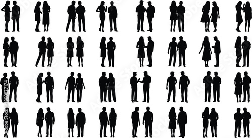 Large collection of people silhouettes, man and woman pairs standing and talking, couples, friends, and colleagues in conversation, isolated vector illustration set.