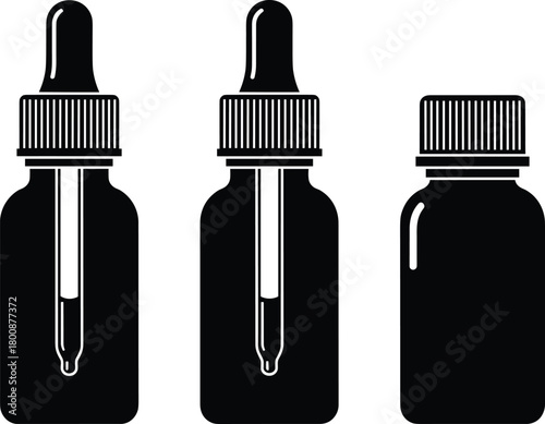 Dropper bottle silhouette vector set with pipette cap, essential oil packaging, liquid supplement container for cosmetic, lab, and pharmacy themes