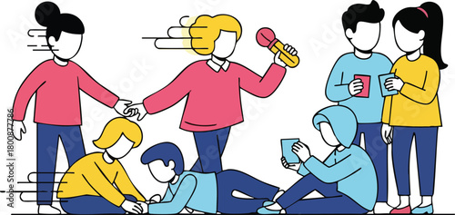 Diverse group of people interacting with a central figure holding a microphone in a dynamic illustration style with vibrant colors and simple flat design elements