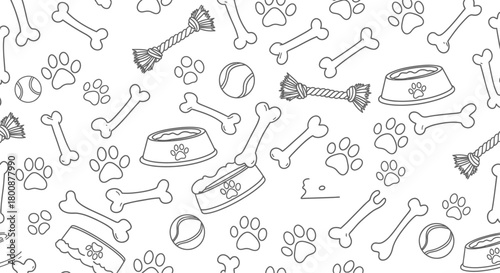 Seamless Dog Pet Pattern Vector – Black and White Paw Bone Bowl Outline
