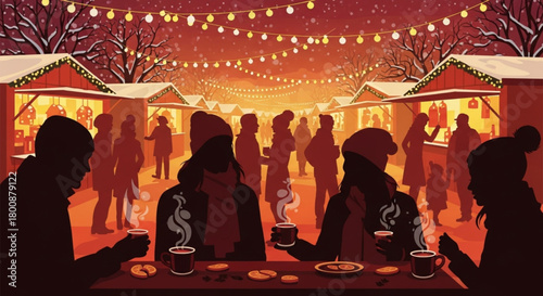 Silhouettes of friends enjoying warm drinks at a festive winter market.
