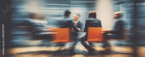 Abstract motion blur of professionals engaged in a strategic business discussion. High quality
