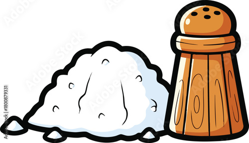 Pile Of White Salt Crystals Beside A Wooden Salt Shaker With A Metal Cap Isolated On White Background
