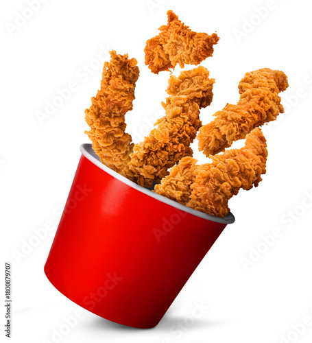 Flying Crispy Fried Chicken Strips Falling Into Red Bucket Isolated on White Background. Tasty crunchy chicken tenders arranged creatively, perfect for fast food advertising, menu design