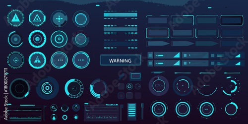 Futuristic digital interface elements with warning signs and circular gauges in blue and teal