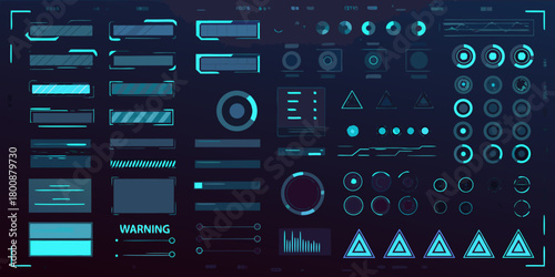 Futuristic user interface elements and sci fi hud display graphics with neon blue accents on dark background