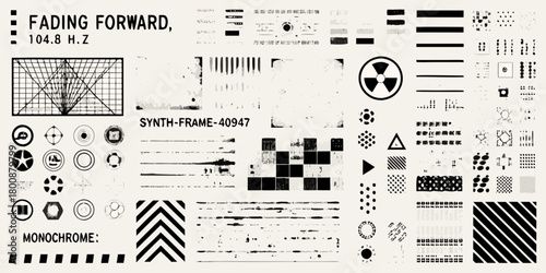 Retro futuristic abstract collage of graphic elements and textures with a monochrome aesthetic