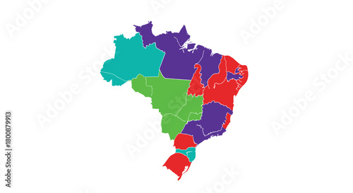 A vibrant political map of Brazil, displaying its federal states grouped into four distinct geographical or administrative regions with varied colors.