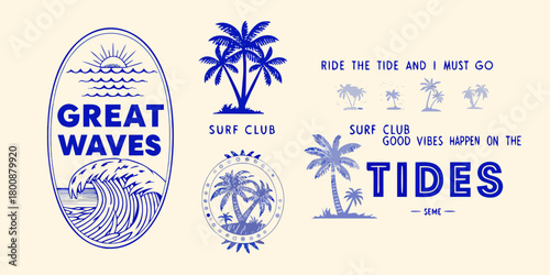 Retro surf club emblems and slogans featuring palm trees and ocean waves in blue ink