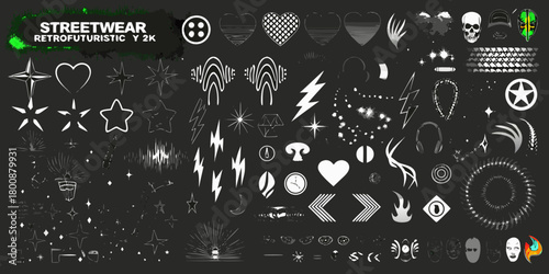 Retro futuristic y2k streetwear graphic elements collection with skulls hearts stars and abstract shapes