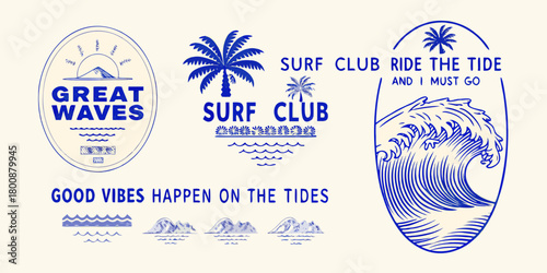 Collection of vintage style surf club emblems and graphics with ocean waves palm trees and mountains