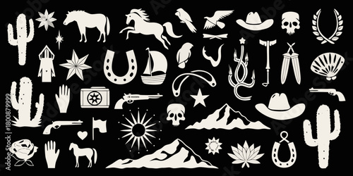 Collection of western and wild west icons and symbols on a black background