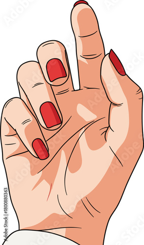 Female hand illustration with red nails, expressive gesture, palm facing viewer, curled fingers, detailed contour, artistic anatomy reference