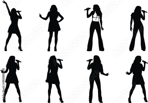 Female singer silhouette set with microphone in dynamic performance poses for music, concert, entertainment, pop culture, and stage art