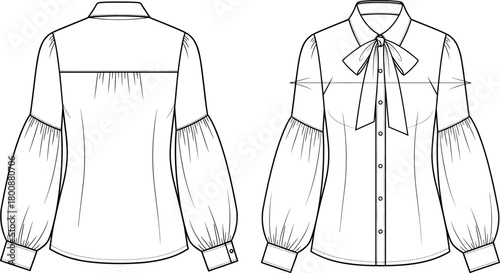 Elegant women’s blouse fashion sketch, long puff sleeves, front bow tie detail, technical flat illustration for apparel design, garment template