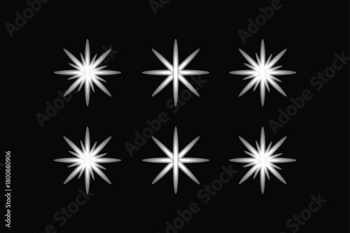 Six Starburst Sparkles On Black Background — White Radiant Light Elements For Design