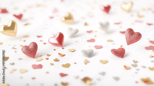 70.A festive set of colorful 3D confetti pieces scattered across a bright white surface. The confetti is made up of sparkling metallic shapes like hearts, stars, and circles in vivid shades of red,
