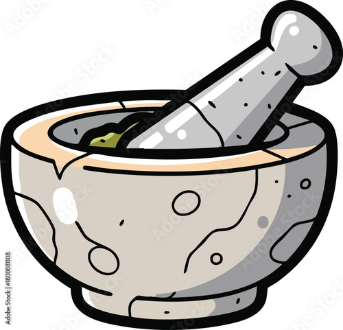 Stone Mortar and Pestle Grinding Green Herbs Isolated on White Background Cartoon Style