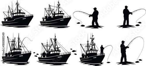 Fishing Silhouette Vector Set Featuring Boats, Rods, Fish, and Outdoor Scenes for Nature, Hobby, Commercial, and Educational Design Use