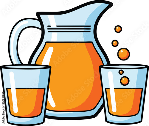 Clear Glass Pitcher Filled With Orange Juice Next To Two Small Glasses Of Juice With Bubbles Against White Background