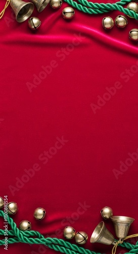Christmas Bells  Green Rope Border on Red Velvet Background, Festive Holiday Frame
