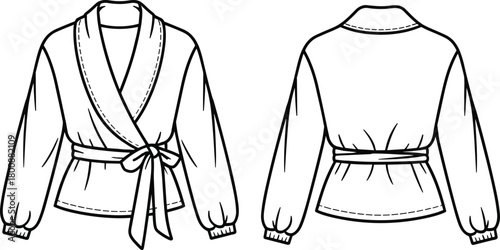 Elegant women’s wrap blouse fashion flat sketch, front and back technical drawing, long sleeve top design template with waist belt tie