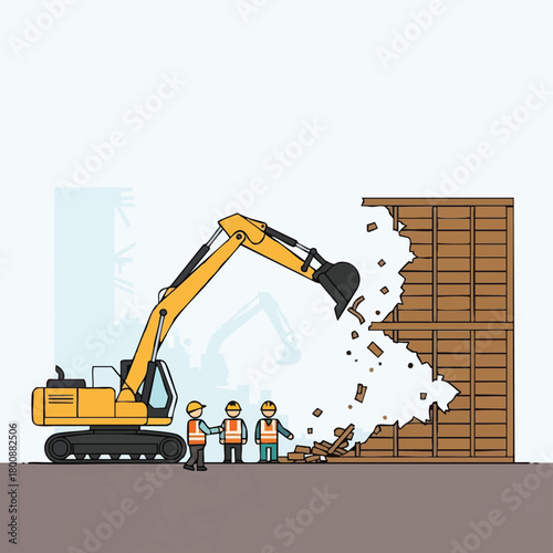 An excavator demolishes a wooden structure, watched by construction workers, illustrating demolition, construction, and destruction.