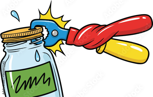 Jar opener tool struggling to open tight lid on glass jar with water drops splashing light blue background