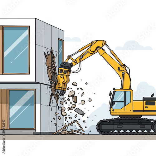 An excavator demolishes a modern building, showing construction and destruction, illustrating urban development and the impact of machinery.