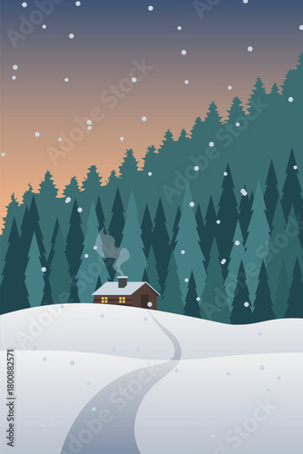 Adobe Illusa peaceful winter scene likely a digital illustration showing a cozy wooden cabin nestled in snowy hills at either sunrise or sunsettrator Artwork