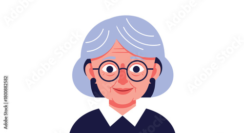 A friendly, smiling elderly woman with grey hair and round spectacles, wearing a collared shirt, is depicted in a cheerful vector illustration.