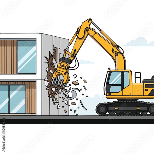 A powerful excavator demolishes a modern building, showcasing construction and destruction, with debris flying in the air, representing urban development.