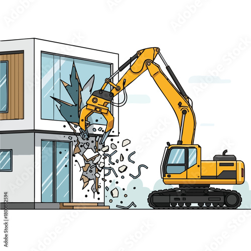 A yellow excavator demolishes a modern building, illustrating construction, destruction, and urban development in a vector illustration.