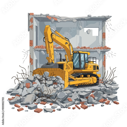 A vibrant illustration captures a yellow excavator amidst the demolition of a building, highlighting construction and destruction elements.