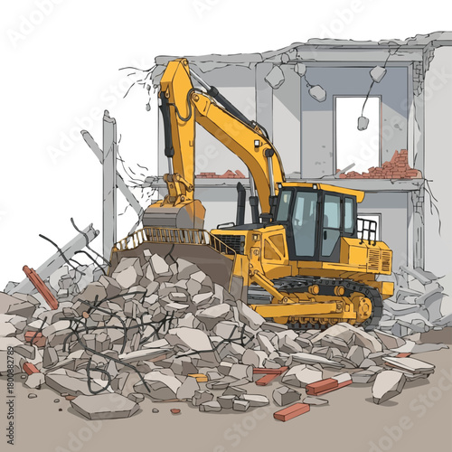A powerful excavator demolishes a building, creating a pile of rubble and debris, illustrating construction and destruction concepts.