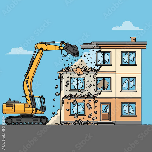 An excavator tears down a building, illustrating demolition, construction, and urban development against a blue sky background.