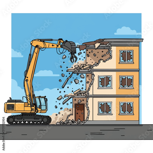 A large yellow excavator demolishes a three-story building, tearing down walls and creating debris against a blue sky with clouds.
