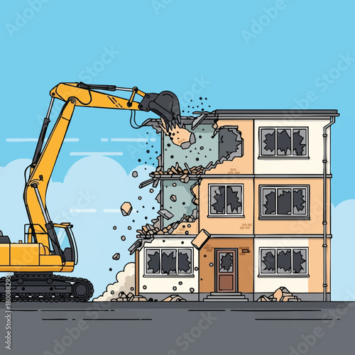 An excavator demolishes a building, showing the process of destruction with debris and a clear sky in the background.