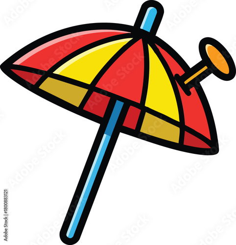 Red Yellow Cocktail Umbrella With Blue Stick On White Background