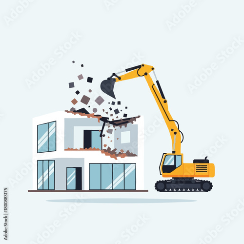 A yellow excavator demolishes a modern house, illustrating construction, destruction, and urban development against a light blue backdrop.