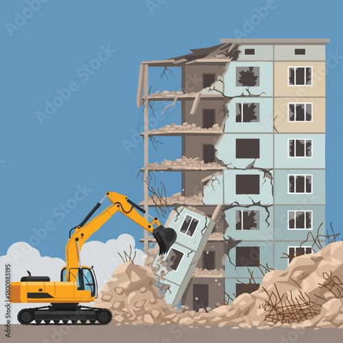 An excavator demolishes a multi-story building, illustrating construction, destruction, and urban development in a vector graphic.