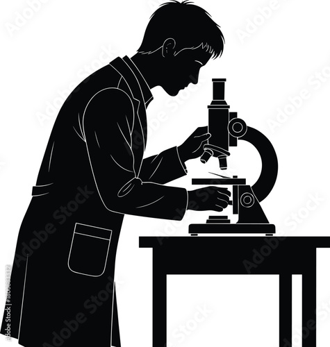 Scientist using microscope silhouette illustration, laboratory research concept, medical and biology experiment vector, scientific discovery, education and innovation in science study