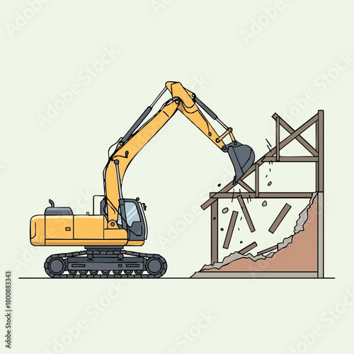 An illustration depicts a yellow excavator demolishing a building, showcasing construction and destruction with a simple, clean design.