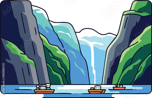Pixel art fjord landscape with cascading waterfall boats on calm blue water lush green cliffs dark blue sky