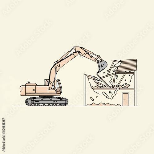 An excavator demolishes a building, illustrated with clean lines and a minimalist aesthetic, showcasing construction and destruction concepts.