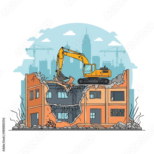 An excavator tears down a building during demolition, with construction cranes and a city skyline in the background, illustrating urban development.