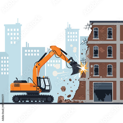 An excavator tears down a brick building, leaving debris and revealing the building's interior, with cityscapes in the background, symbolizing urban renewal.