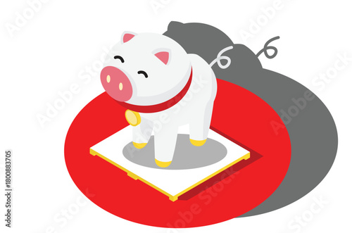 Isometric 2019 Chinese New Year. Year of the pig. Vector illustration. New Year. Gold on red